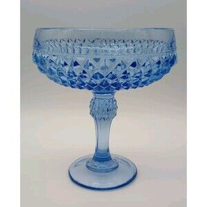 Vintage Blue Diamond Point Glass Compote 7.5 Inches Tall | Indiana Glass Company